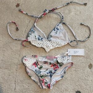 Girls Floral Crochet Trim Bikini Set - White with Pink & Blue Flowers